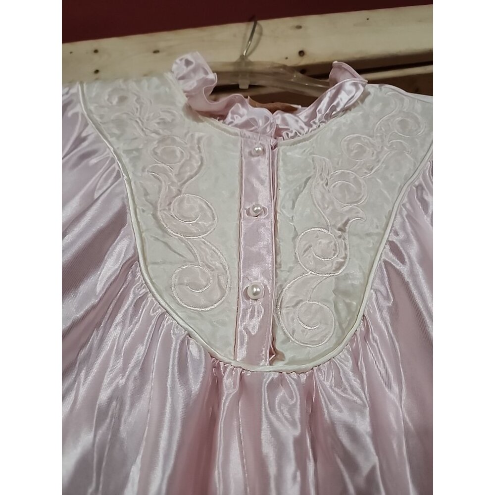 Vintage Sears Cachet Pink Satin Nightgown Womens Small Lace Long Sleeve Ruffle - Picture 5 of 11